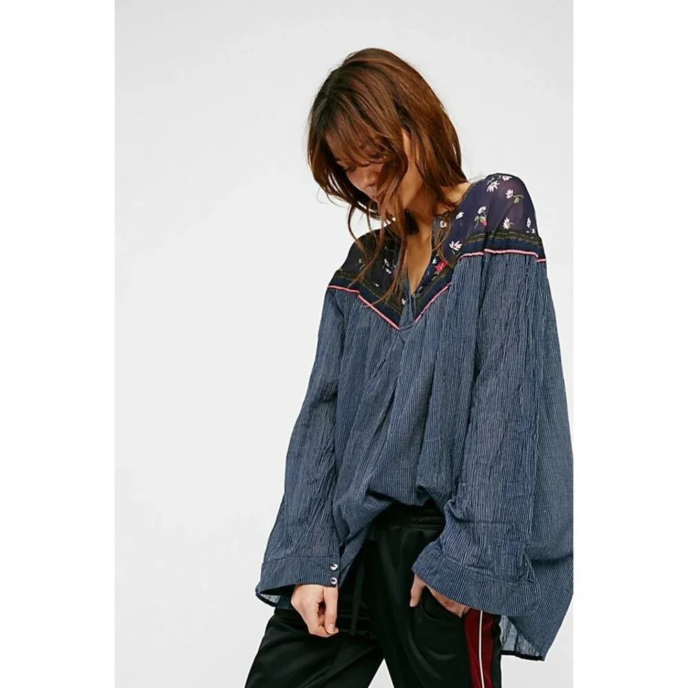 Free People Womens‎ Small Oversized Floral Top Blouse Pockets Boho Shirt